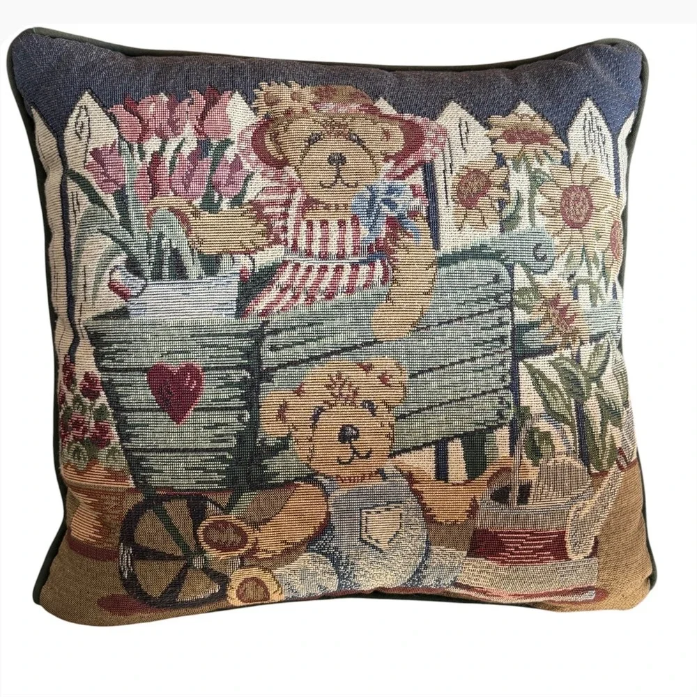 Vintage Teddy Bear Garden Tapestry Throw Pillow Accent Sunflowers 14x14 Green